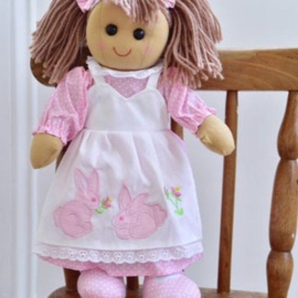Personalised Rag Doll in Bunny design pink dress with beautifully